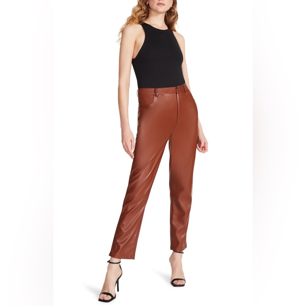 Steve Madden BB Dakota Mercer Vegan Leather Slim Pants in Cognac